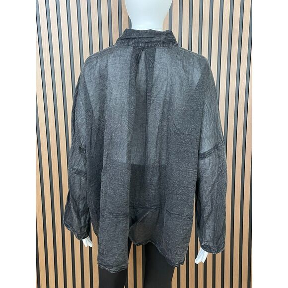 Free People Women's XS Black Shirt Semi-Sheer Button-Up Handkerchief-Hem Boho - Picture 2 of 11